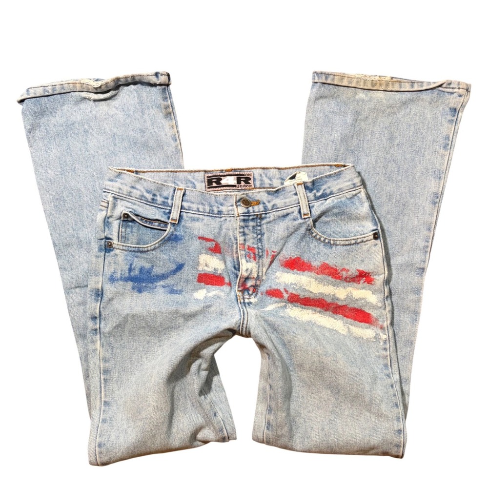 Y2K Vintage Patriotic Grunge Light Wash Painted American Flag Flare Leg Denim